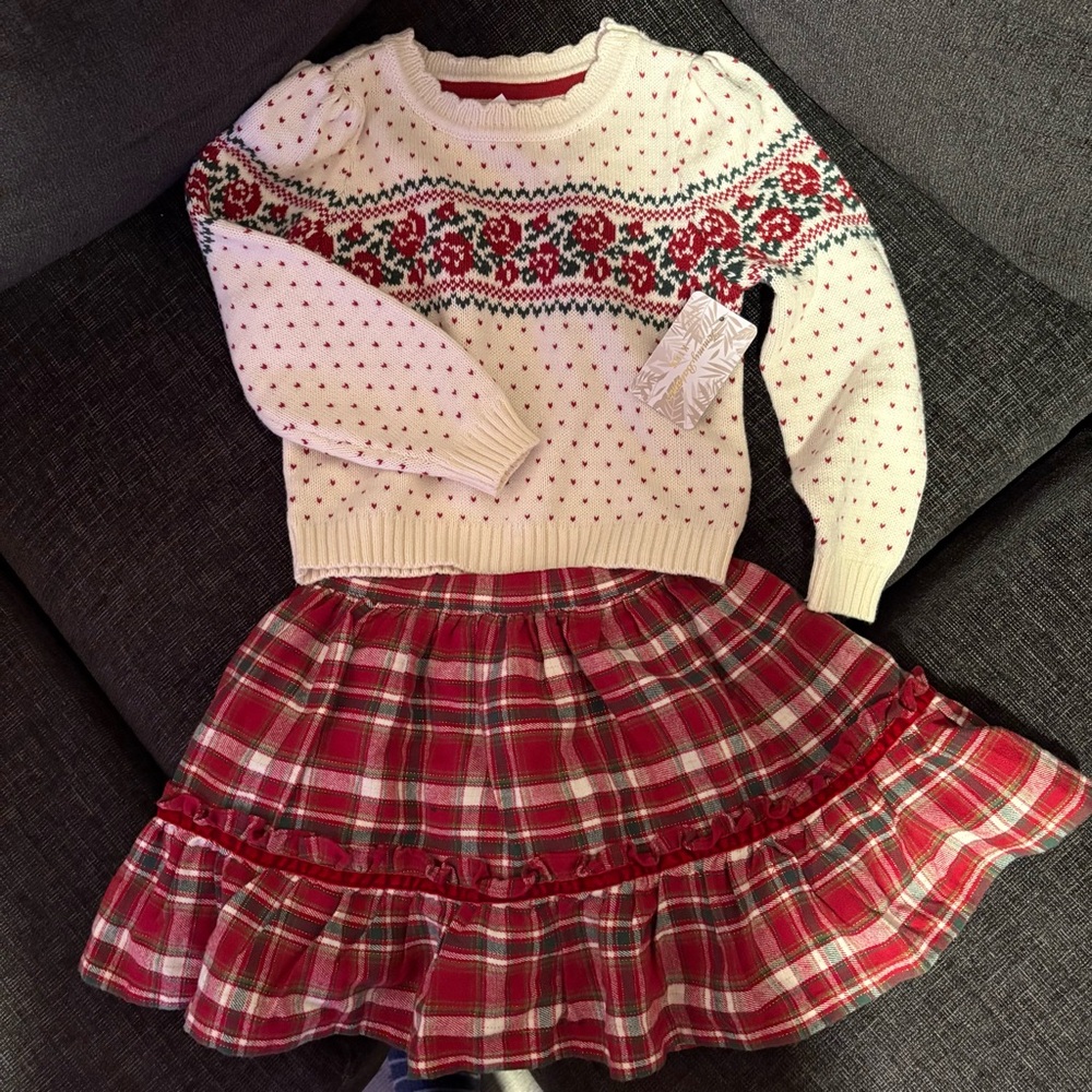 Tommy Bahama Kids Christmas Sweater Plaid Skirt Set Size 4T Preppy Twee Kidcore